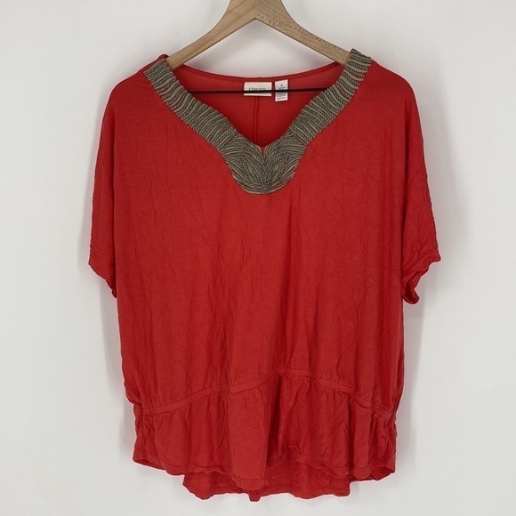 Chicos Peasant Embellished Neck Beaded Top - Picture 1 of 5
